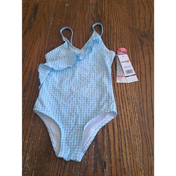 New Girls Size 4 Kensie Girl Blue White Gingham 1pc Swimsuit Bathing Suit UPF50+ - Picture 1 of 3